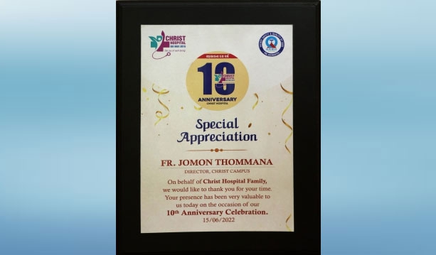 Special Appreciation from Christ Hospital, Rajkot to Fr. (Dr.) Jomon Thommana
